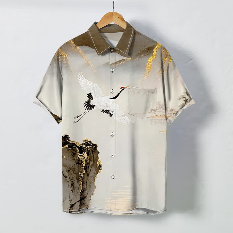 Nimara Ritual Ink Crane Mountain Pattern Buttons Wrinkle-resistant Men's Short Sleeve Shirt