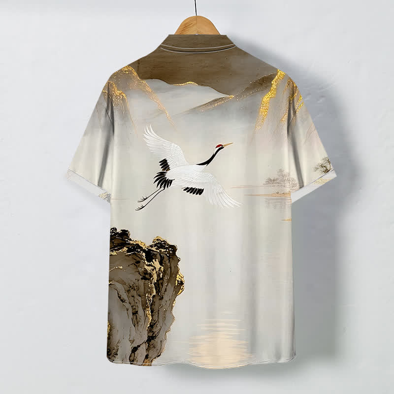 Nimara Ritual Ink Crane Mountain Pattern Buttons Wrinkle-resistant Men's Short Sleeve Shirt