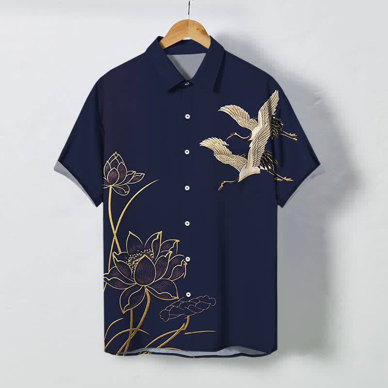 Nimara Ritual Crane Lotus Pattern Buttons Breathable Men's Short Sleeve Shirt