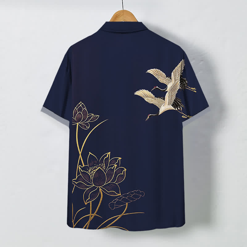 Nimara Ritual Crane Lotus Pattern Buttons Breathable Men's Short Sleeve Shirt