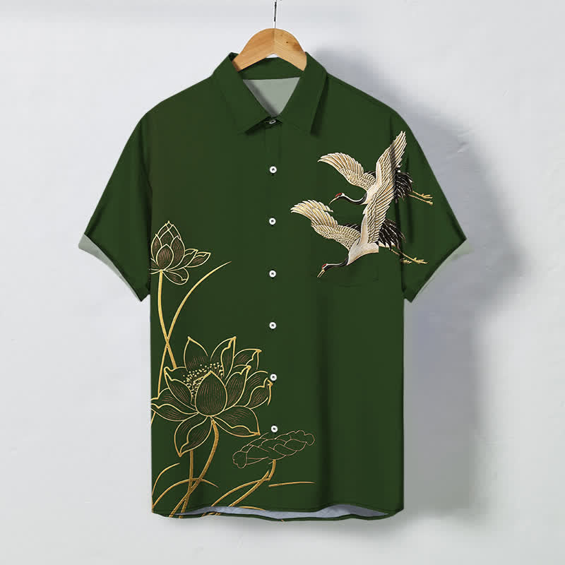 Nimara Ritual Crane Lotus Pattern Buttons Breathable Men's Short Sleeve Shirt