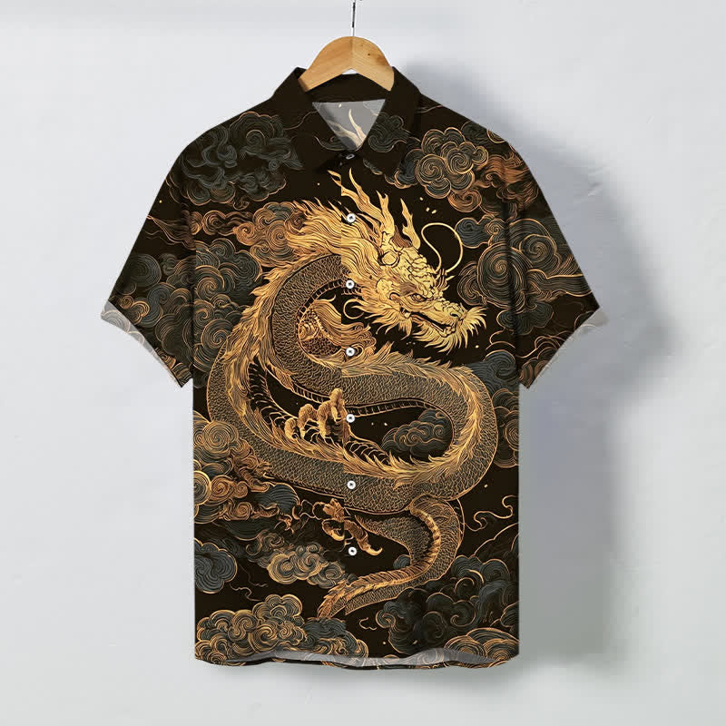Nimara Ritual Golden Dragon Cloud Pattern Buttons Wrinkle-resistant Men's Short Sleeve Shirt