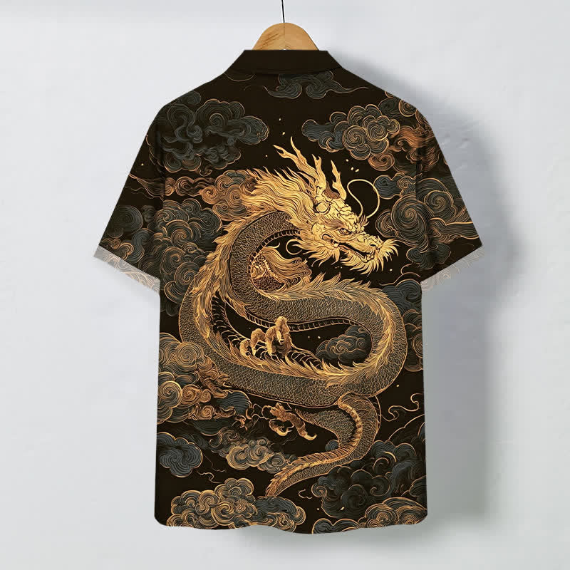 Nimara Ritual Golden Dragon Cloud Pattern Buttons Wrinkle-resistant Men's Short Sleeve Shirt