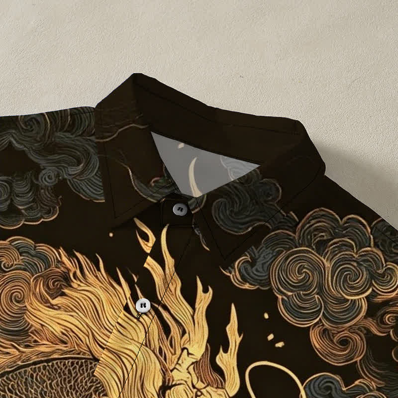 Nimara Ritual Golden Dragon Cloud Pattern Buttons Wrinkle-resistant Men's Short Sleeve Shirt