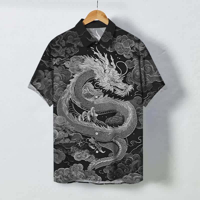 Nimara Ritual Golden Dragon Cloud Pattern Buttons Wrinkle-resistant Men's Short Sleeve Shirt