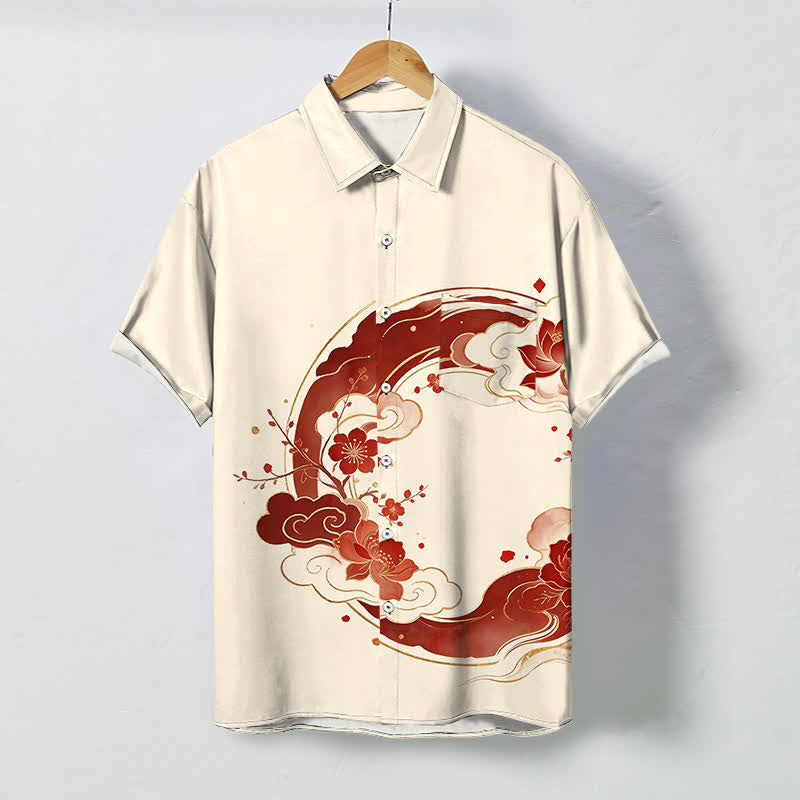 Nimara Ritual Oriental Floral Lotus Peach Blossoms Cloud Pattern Buttons Breathable Men's Short Sleeve Shirt