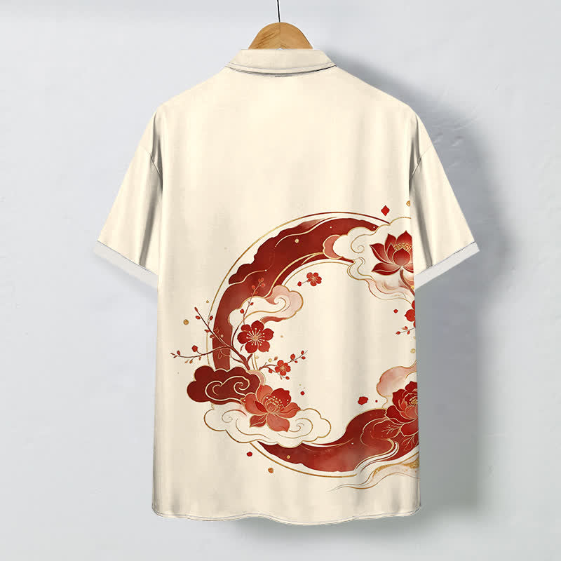 Nimara Ritual Oriental Floral Lotus Peach Blossoms Cloud Pattern Buttons Breathable Men's Short Sleeve Shirt