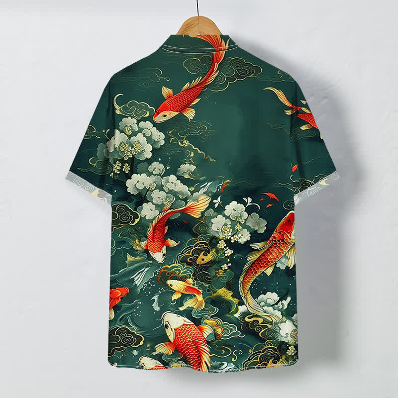 Nimara Ritual Red Koi Fish Cloud Wave White Floral Pattern Buttons Wrinkle-resistant Men's Short Sleeve Shirt