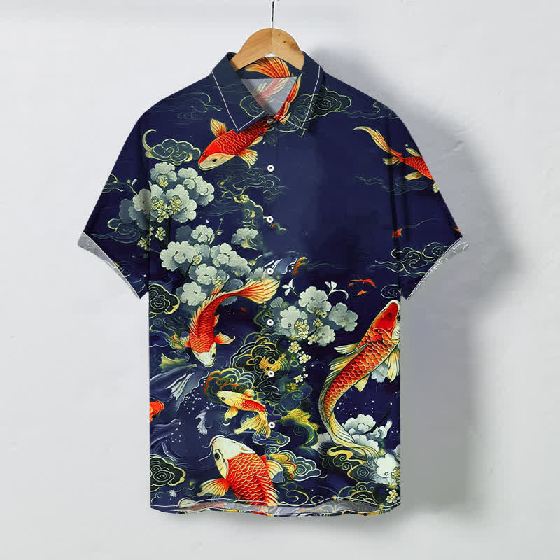 Nimara Ritual Red Koi Fish Cloud Wave White Floral Pattern Buttons Wrinkle-resistant Men's Short Sleeve Shirt