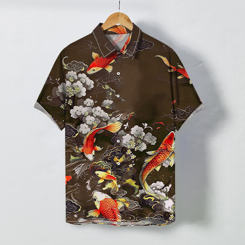 Nimara Ritual Red Koi Fish Cloud Wave White Floral Pattern Buttons Wrinkle-resistant Men's Short Sleeve Shirt