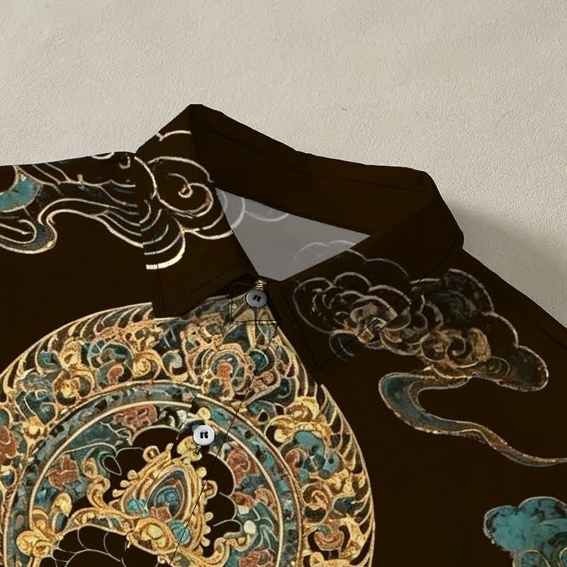 Nimara Ritual Golden Buddha Cloud Pattern Buttons Wrinkle-resistant Men's Short Sleeve Shirt