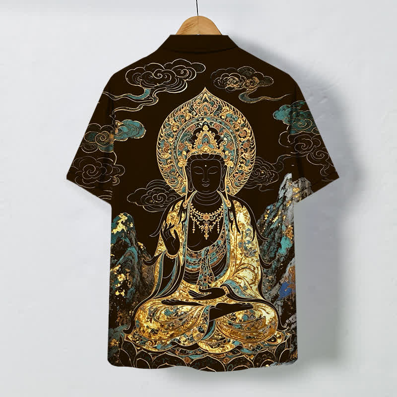 Nimara Ritual Golden Buddha Cloud Pattern Buttons Wrinkle-resistant Men's Short Sleeve Shirt