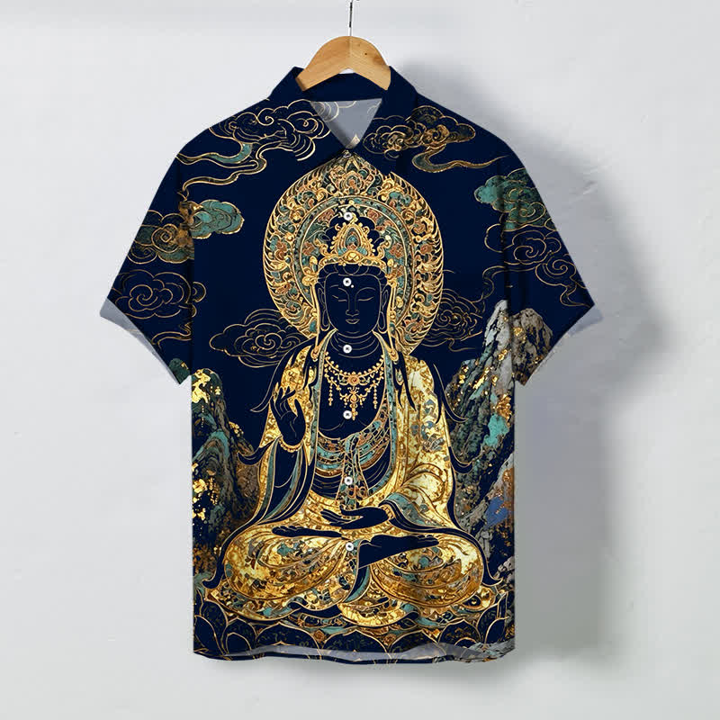 Nimara Ritual Golden Buddha Cloud Pattern Buttons Wrinkle-resistant Men's Short Sleeve Shirt