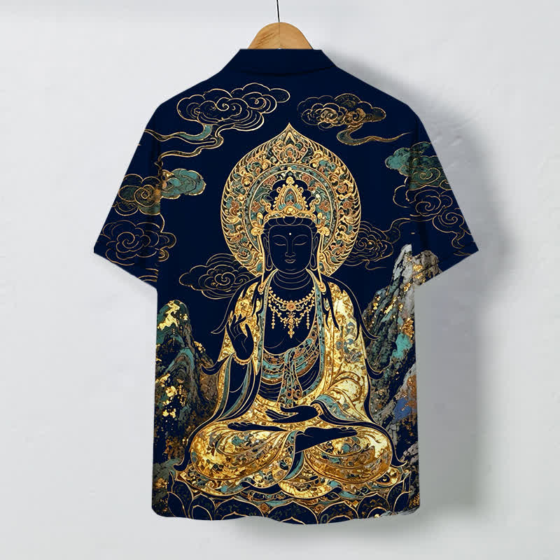 Nimara Ritual Golden Buddha Cloud Pattern Buttons Wrinkle-resistant Men's Short Sleeve Shirt