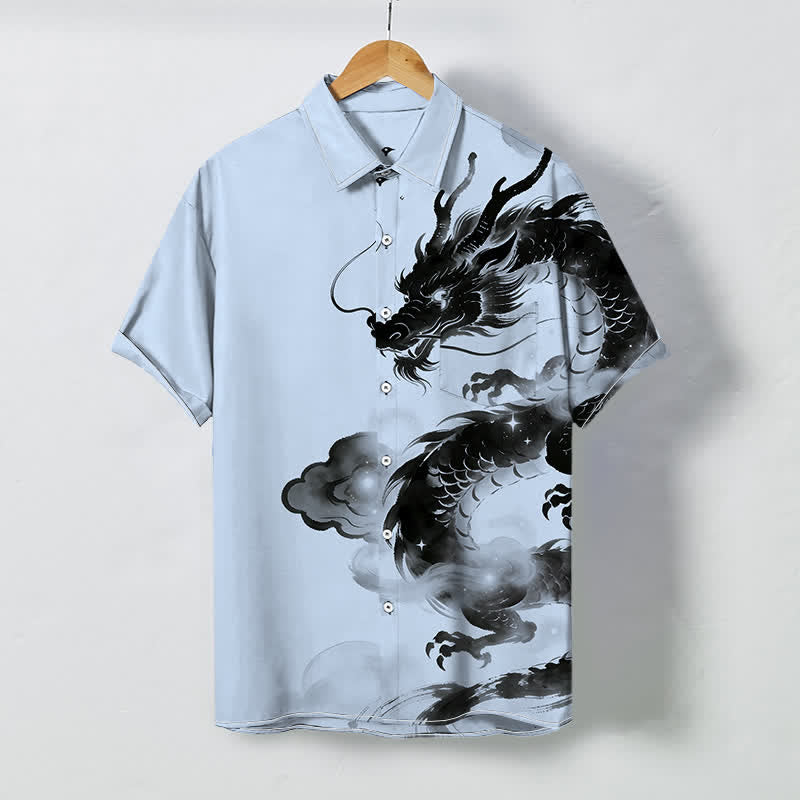 Nimara Ritual Ink Dragon Cloud Pattern Buttons Wrinkle-resistant Men's Short Sleeve Shirt