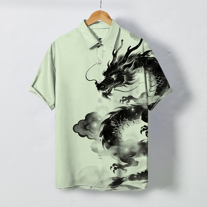Nimara Ritual Ink Dragon Cloud Pattern Buttons Wrinkle-resistant Men's Short Sleeve Shirt