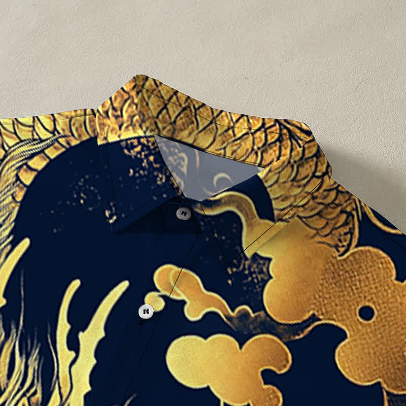 Nimara Ritual Golden Dragon Cloud Pattern Buttons Wrinkle-resistant Men's Short Sleeve Shirt