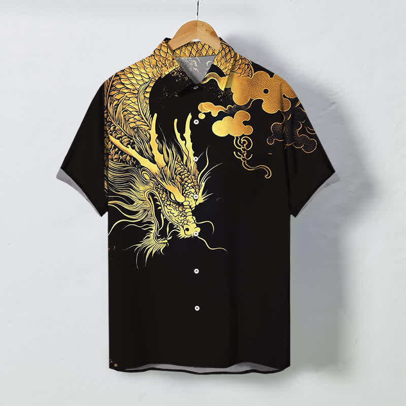 Nimara Ritual Golden Dragon Cloud Pattern Buttons Wrinkle-resistant Men's Short Sleeve Shirt