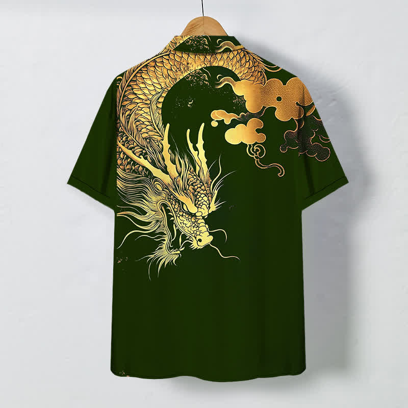 Nimara Ritual Golden Dragon Cloud Pattern Buttons Wrinkle-resistant Men's Short Sleeve Shirt