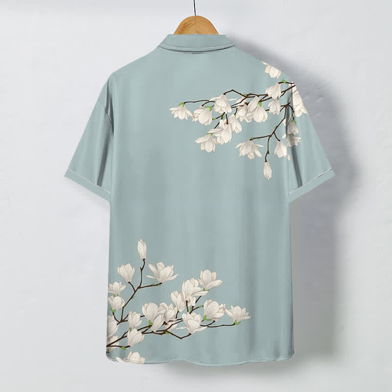 Nimara Ritual White Magnolia Floral Pattern Buttons Wrinkle-resistant Men's Short Sleeve Shirt