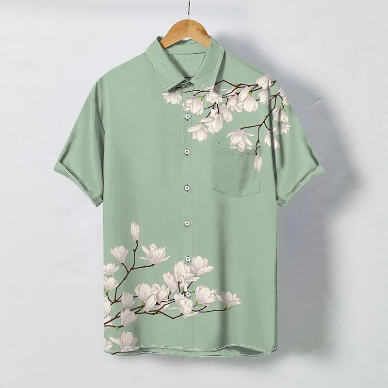 Nimara Ritual White Magnolia Floral Pattern Buttons Wrinkle-resistant Men's Short Sleeve Shirt