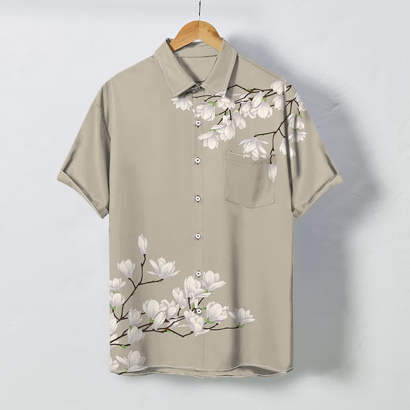 Nimara Ritual White Magnolia Floral Pattern Buttons Wrinkle-resistant Men's Short Sleeve Shirt