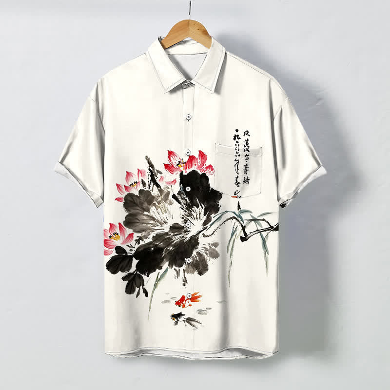 Nimara Ritual Ink Lotus Koi Fish Pattern Buttons Breathable Men's Short Sleeve Shirt