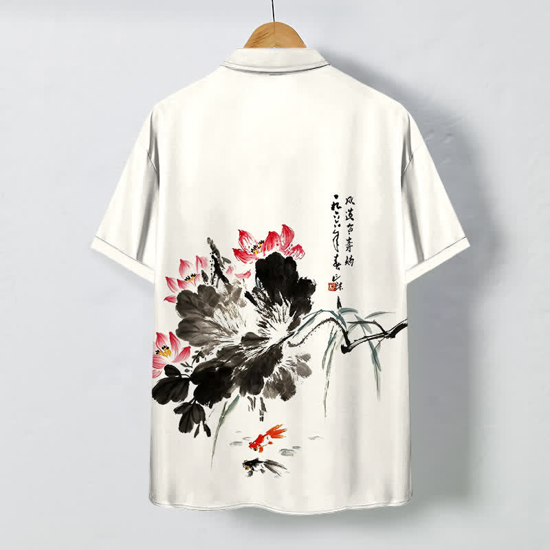Nimara Ritual Ink Lotus Koi Fish Pattern Buttons Breathable Men's Short Sleeve Shirt