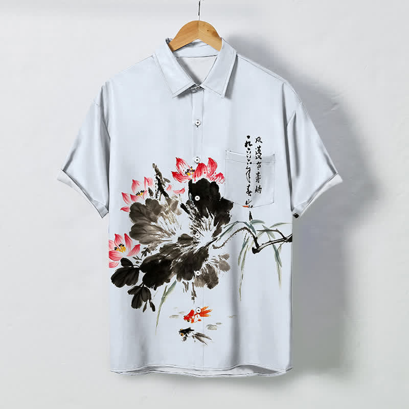 Nimara Ritual Ink Lotus Koi Fish Pattern Buttons Breathable Men's Short Sleeve Shirt