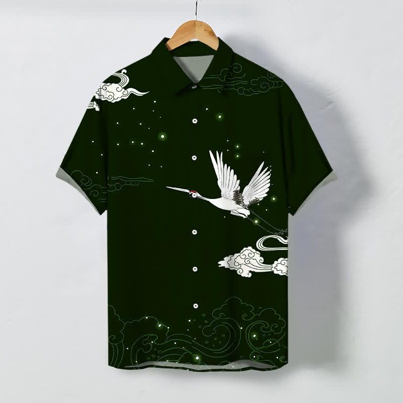 Nimara Ritual Flying Crane Cloudwave Pattern Buttons Wrinkle-resistant Men's Short Sleeve Shirt