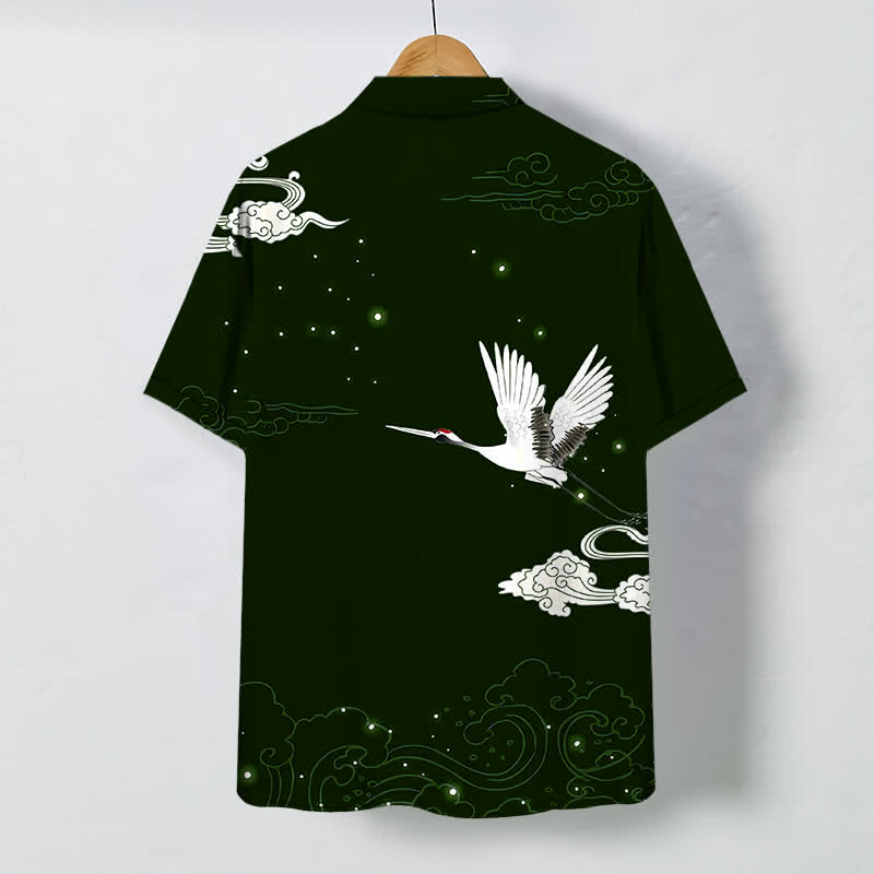 Nimara Ritual Flying Crane Cloudwave Pattern Buttons Wrinkle-resistant Men's Short Sleeve Shirt