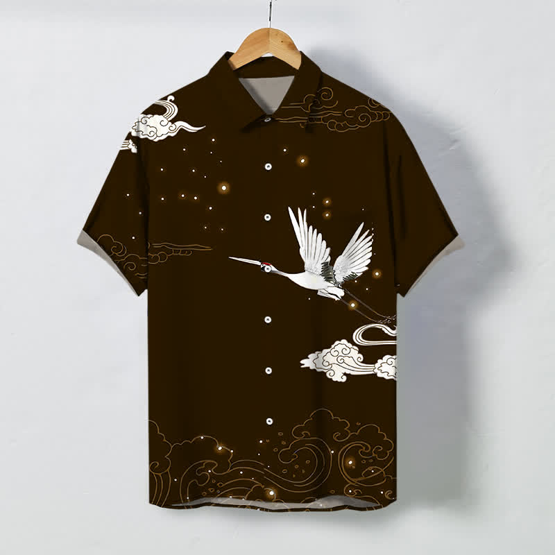 Nimara Ritual Flying Crane Cloudwave Pattern Buttons Wrinkle-resistant Men's Short Sleeve Shirt