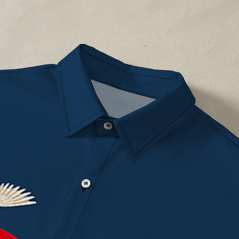 Nimara Ritual Red Sun Crane Pine Pattern Buttons Wrinkle-resistant Men's Short Sleeve Shirt