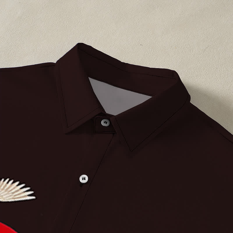 Nimara Ritual Red Sun Crane Pine Pattern Buttons Wrinkle-resistant Men's Short Sleeve Shirt