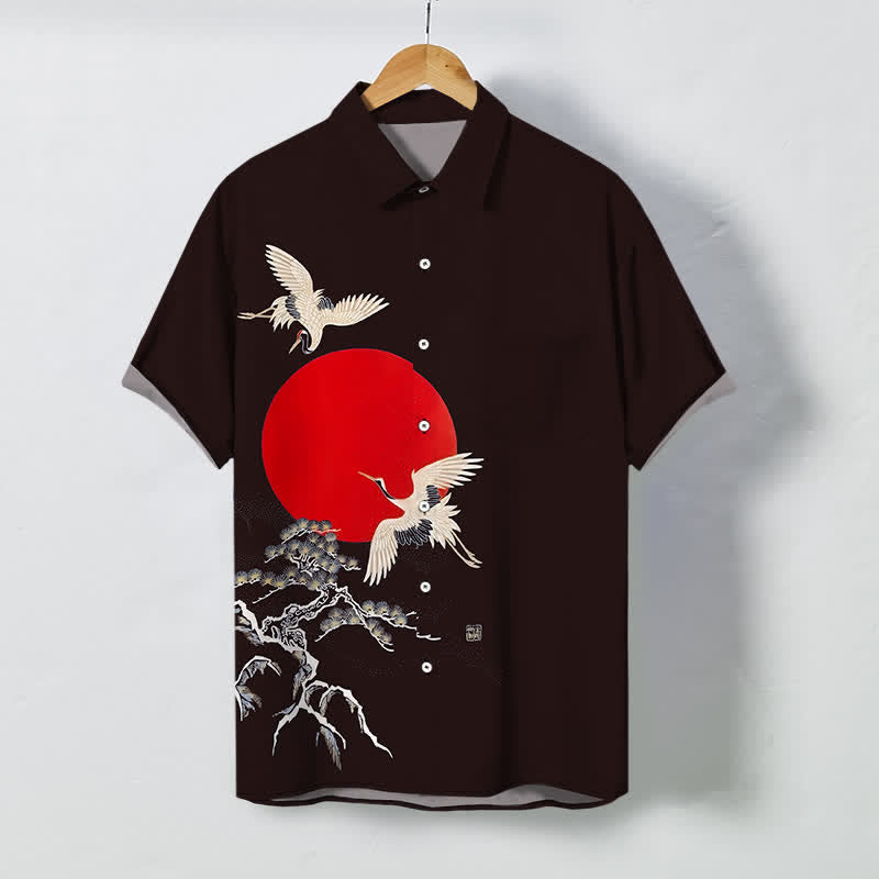 Nimara Ritual Red Sun Crane Pine Pattern Buttons Wrinkle-resistant Men's Short Sleeve Shirt