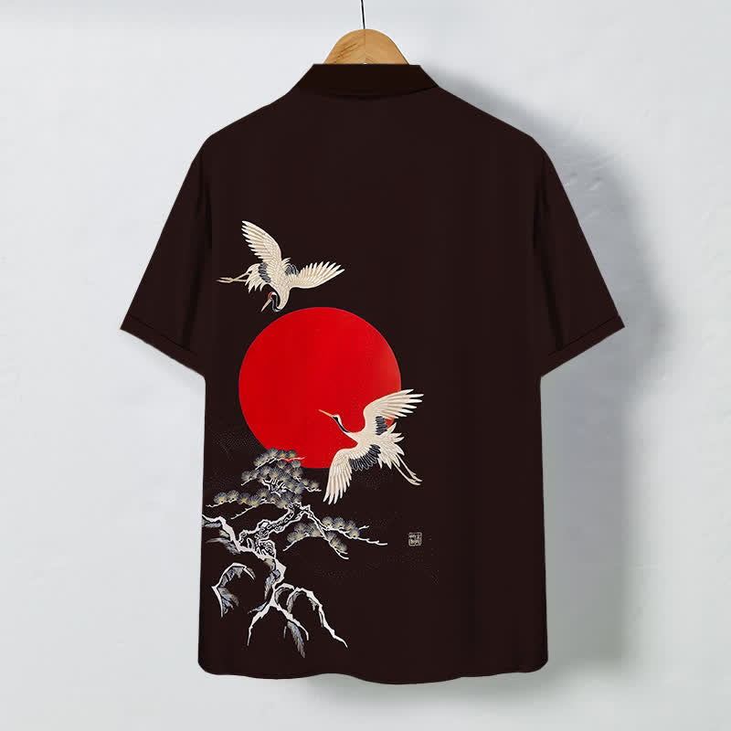 Nimara Ritual Red Sun Crane Pine Pattern Buttons Wrinkle-resistant Men's Short Sleeve Shirt