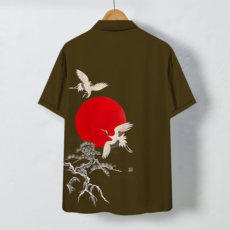 Nimara Ritual Red Sun Crane Pine Pattern Buttons Wrinkle-resistant Men's Short Sleeve Shirt