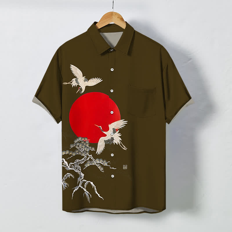 Nimara Ritual Red Sun Crane Pine Pattern Buttons Wrinkle-resistant Men's Short Sleeve Shirt