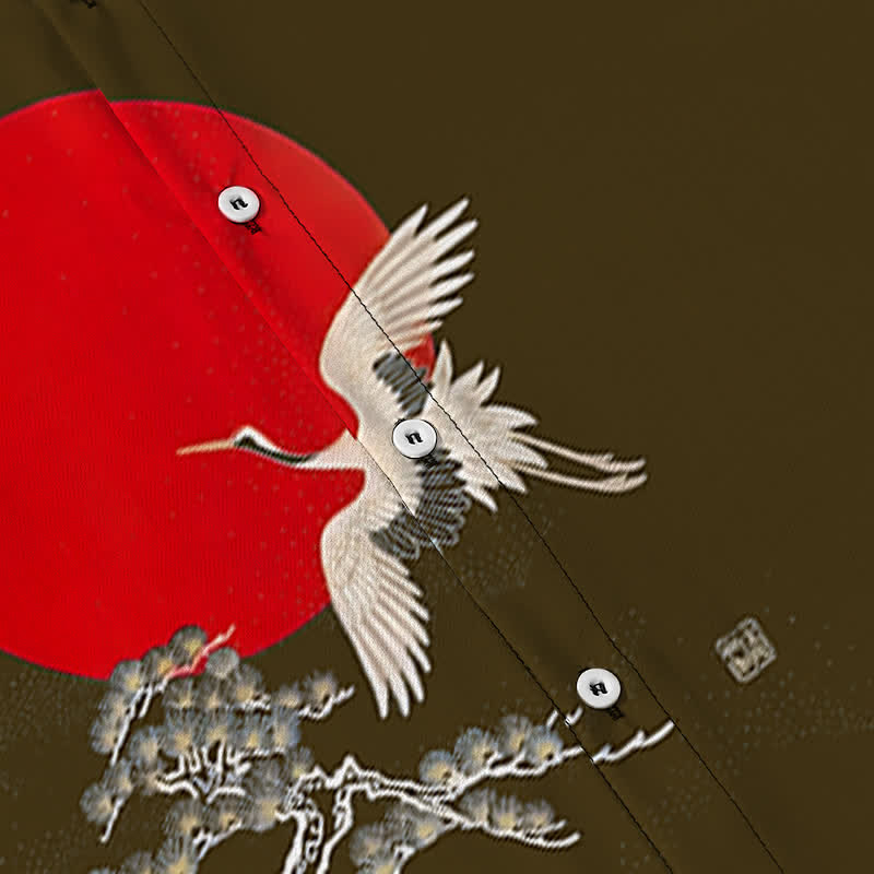 Nimara Ritual Red Sun Crane Pine Pattern Buttons Wrinkle-resistant Men's Short Sleeve Shirt