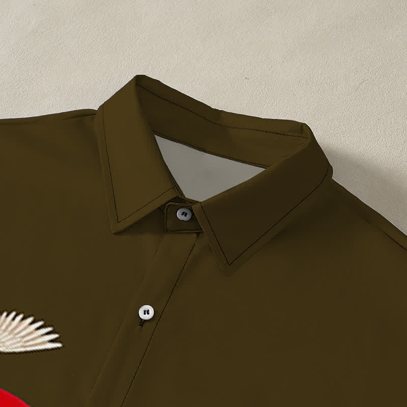 Nimara Ritual Red Sun Crane Pine Pattern Buttons Wrinkle-resistant Men's Short Sleeve Shirt