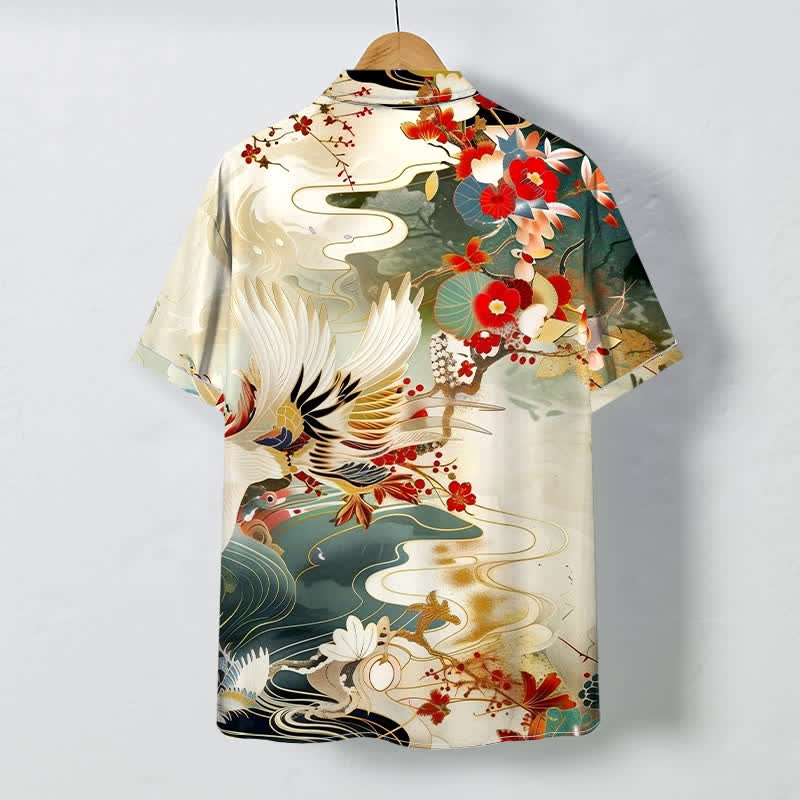 Nimara Ritual Crane Wave Floral Pattern Buttons Breathable Men's Short Sleeve Shirt