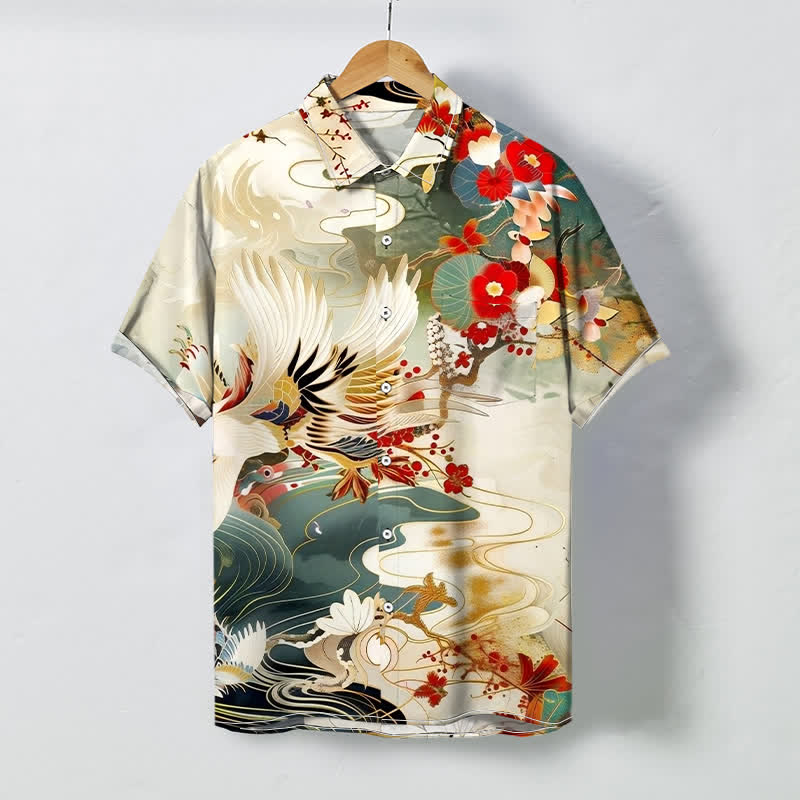 Nimara Ritual Crane Wave Floral Pattern Buttons Breathable Men's Short Sleeve Shirt