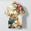 Nimara Ritual Crane Wave Floral Pattern Buttons Breathable Men's Short Sleeve Shirt