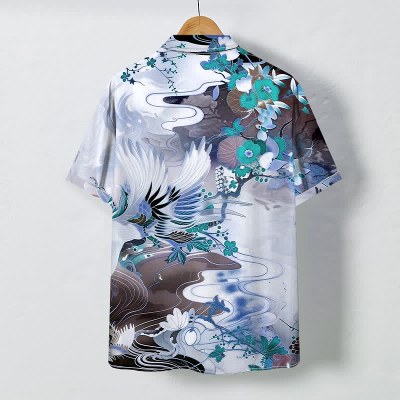 Nimara Ritual Crane Wave Floral Pattern Buttons Breathable Men's Short Sleeve Shirt