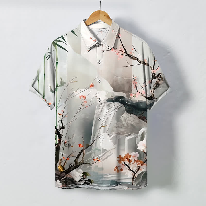 Nimara Ritual Ink Landscape Crane Blossom Pattern Buttons Wrinkle-resistant Men's Short Sleeve Shirt