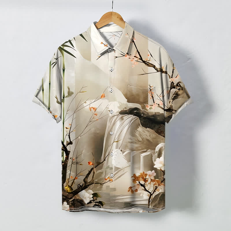Nimara Ritual Ink Landscape Crane Blossom Pattern Buttons Wrinkle-resistant Men's Short Sleeve Shirt