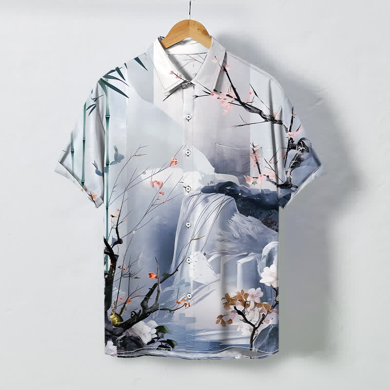 Nimara Ritual Ink Landscape Crane Blossom Pattern Buttons Wrinkle-resistant Men's Short Sleeve Shirt