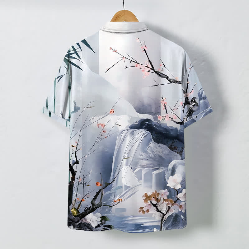 Nimara Ritual Ink Landscape Crane Blossom Pattern Buttons Wrinkle-resistant Men's Short Sleeve Shirt