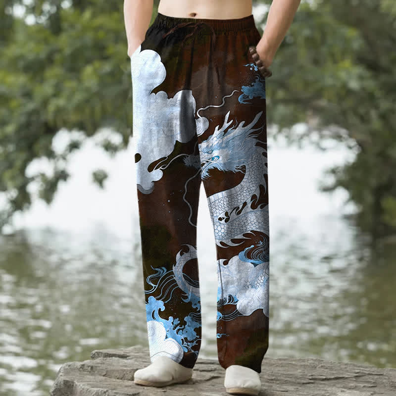 Nimara Ritual Cotton Dragon Cloud Pattern Men's Tapered Pants With Pockets