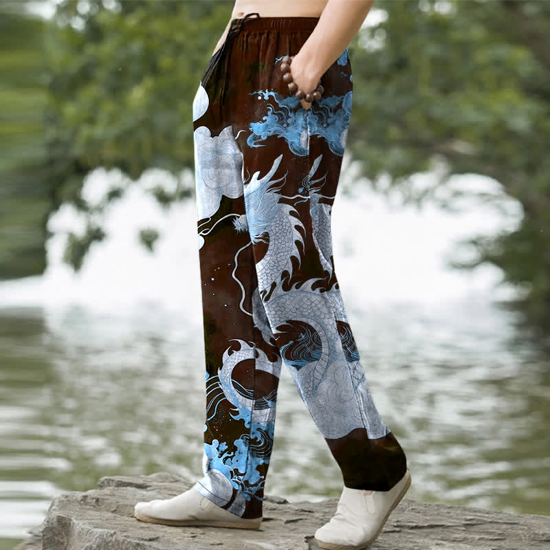 Nimara Ritual Cotton Dragon Cloud Pattern Men's Tapered Pants With Pockets